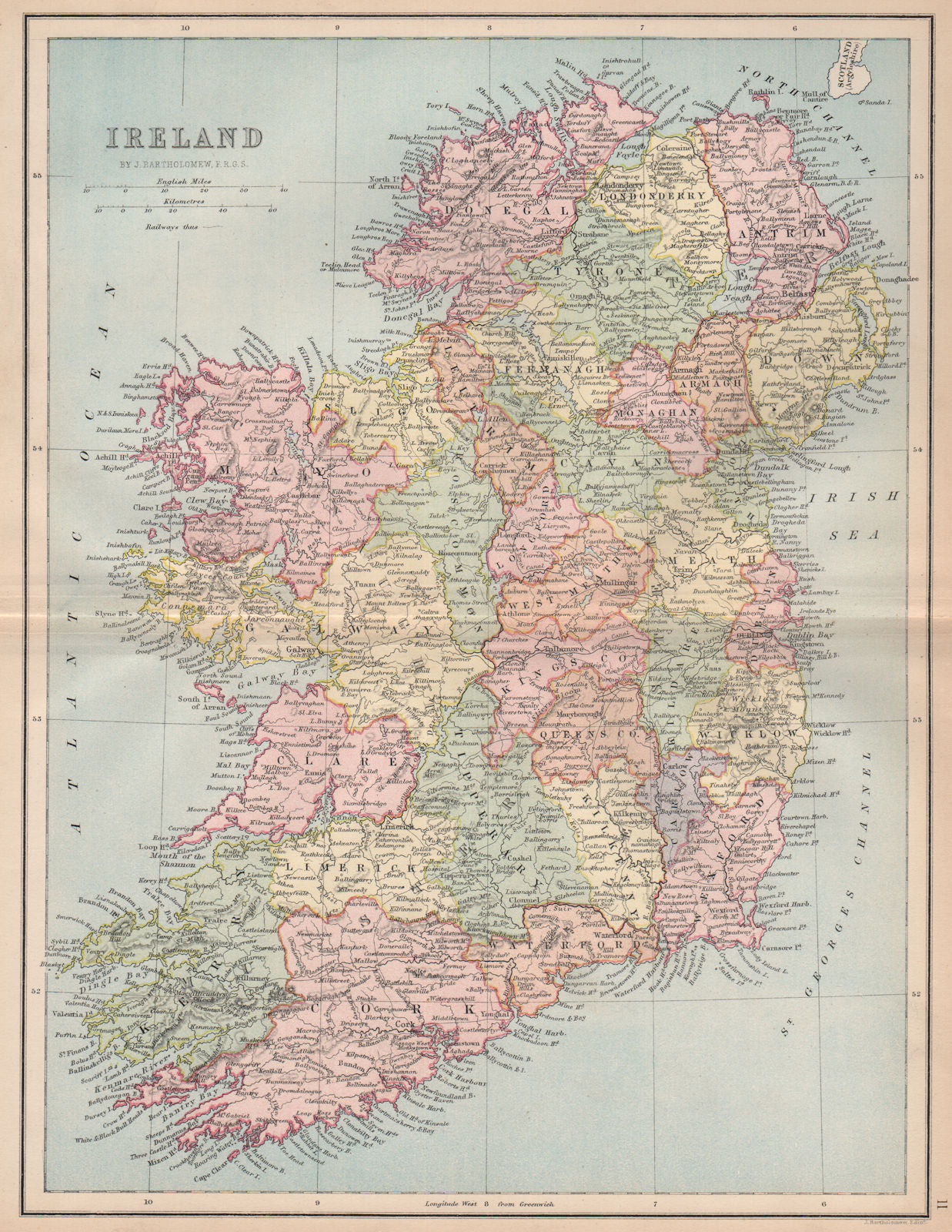 IRELAND. Pre-partition. Counties. Railways. BARTHOLOMEW 1878 old antique map